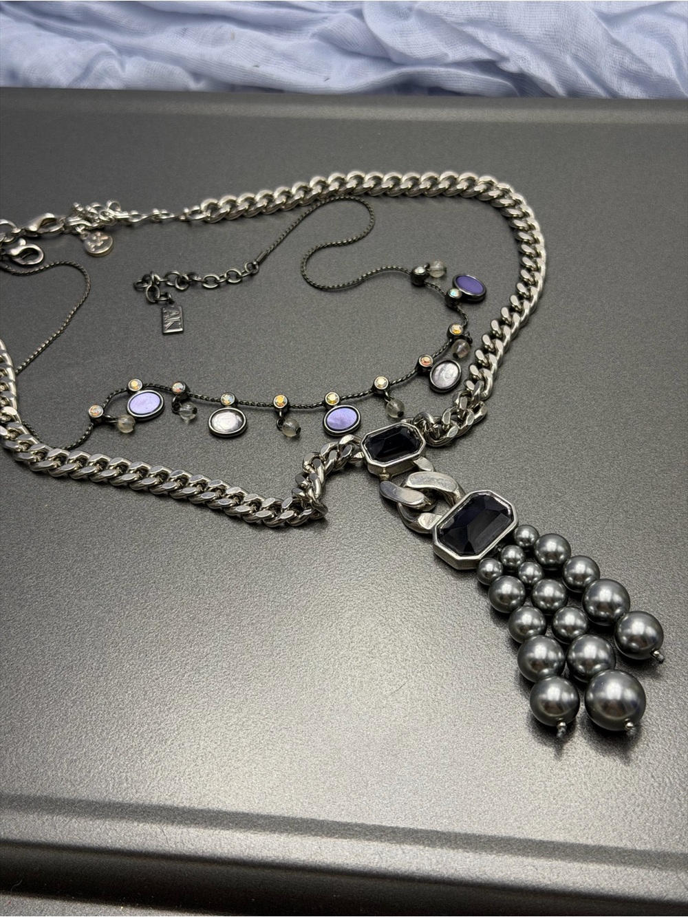 Anne Klein Gunmetal Necklaces with Purple Accents and Beaded Tassel